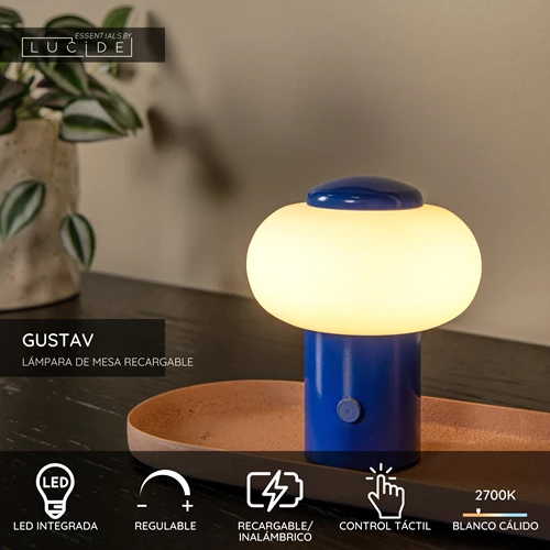 Lucide GUSTAV - Lámpara de mesa Recargable - Batería/acumulador - Ø 8 cm - LED Regul. - 1x0,8W 2700K - Azul | Essential - USP